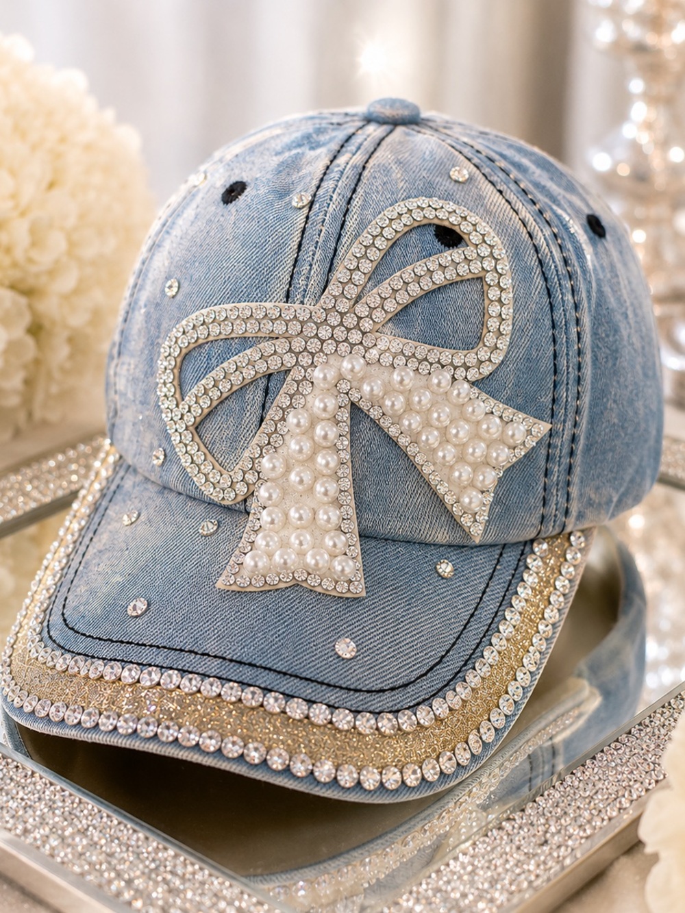 NEW Light Denim Pearl Bow Rhinestone Bling Baseball Cap Adjustable Boutique Hat